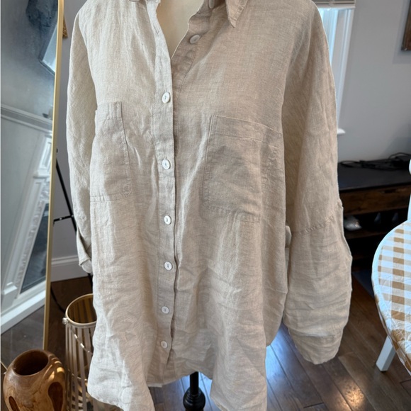 A Ren Oversized Women's Beige Linen Button Down Shirt Size Large - Picture 9 of 12